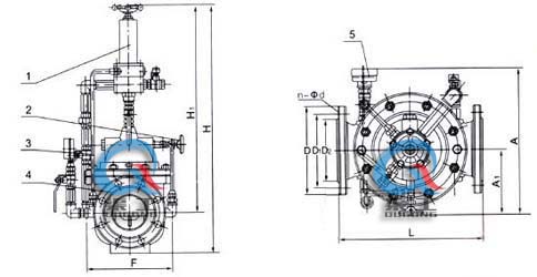 500X持壓泄壓閥 外形結(jié)構(gòu)圖(1、導(dǎo)閥2、針閥3、球閥4、主閥5、壓力表)